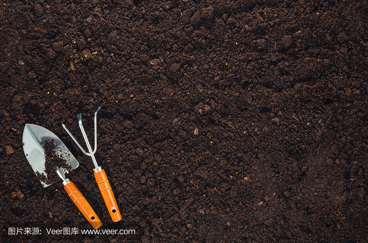 园艺工具对园林土壤纹理背景俯视图